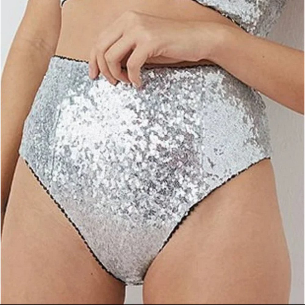 For Love & Lemons S NWT Silver Sequin High Waist Cheeky Panty Disco Festival